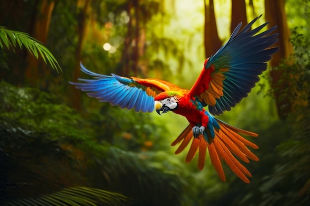 Colorful parrot flying in the air over forest filled with palm trees Generative AI