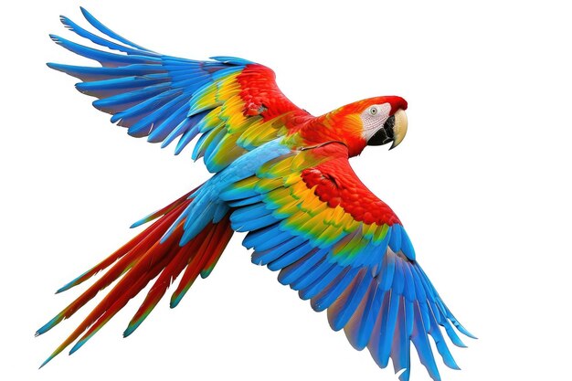 Colorful parrot flying alone on white background