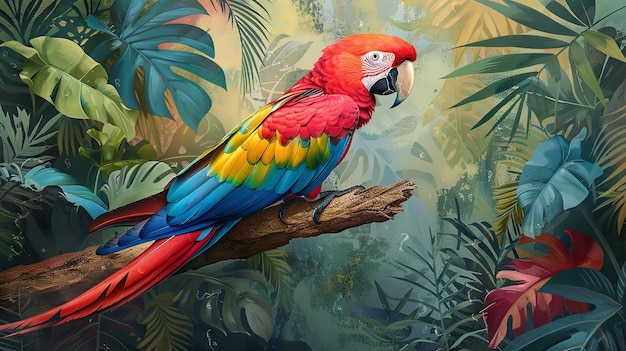 a colorful parrot is on a branch with palm trees in the background