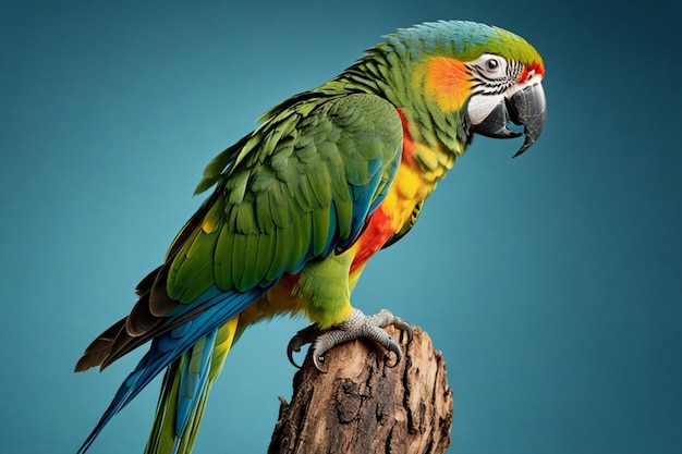 a colorful parrot is perched on a branch with a blue background