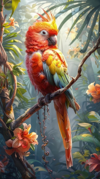 Photo a colorful parrot is perched on a branch with flowers and leaves