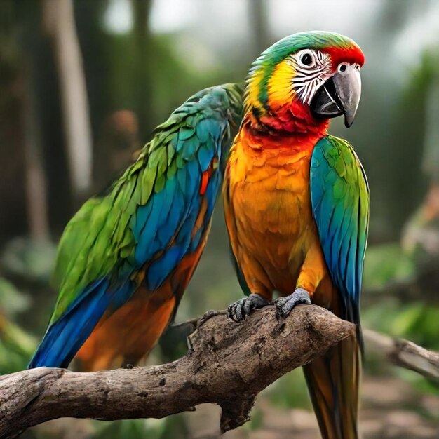 a colorful parrot is perched on a branch with a green and blue tail