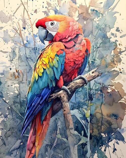 Photo a colorful parrot is perched on a branch with a watercolor background