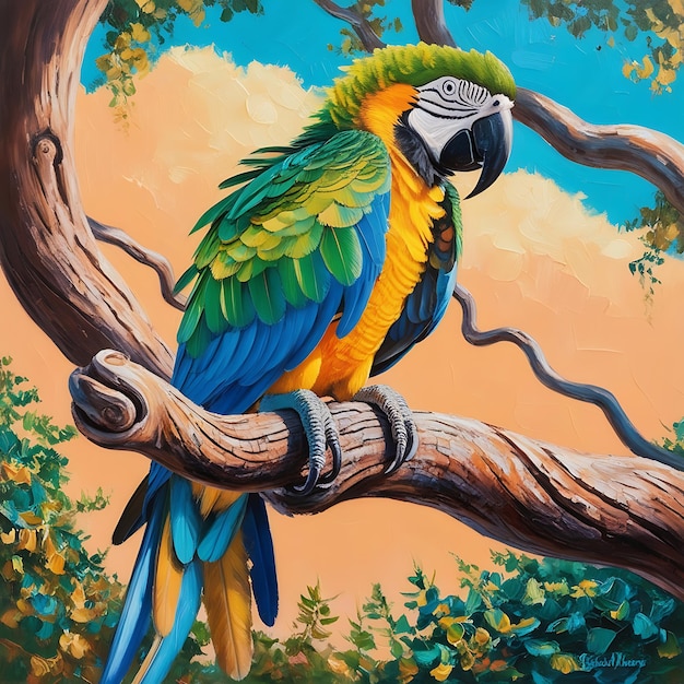 a colorful parrot is perched on a branch with the word parrot on it