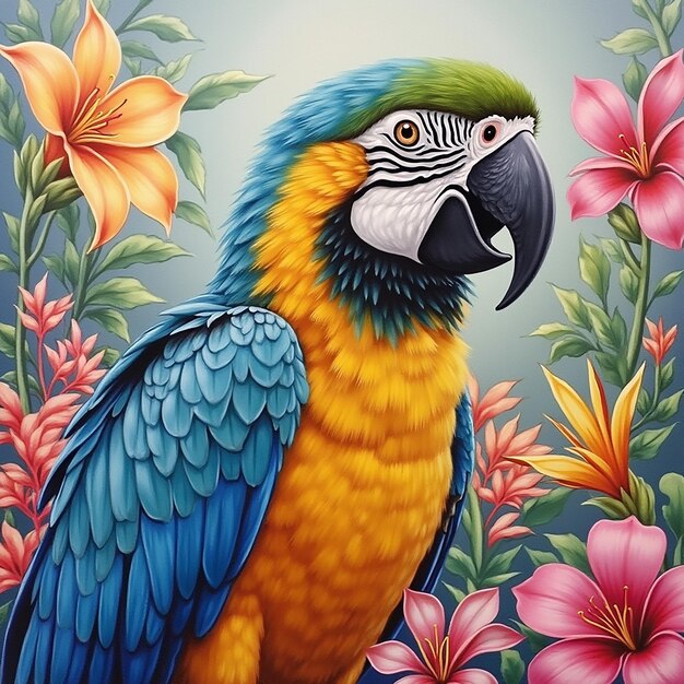 A colorful parrot is shown with flowers in the background