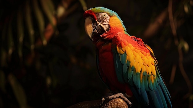 a colorful parrot is sitting on a branch in a dark room