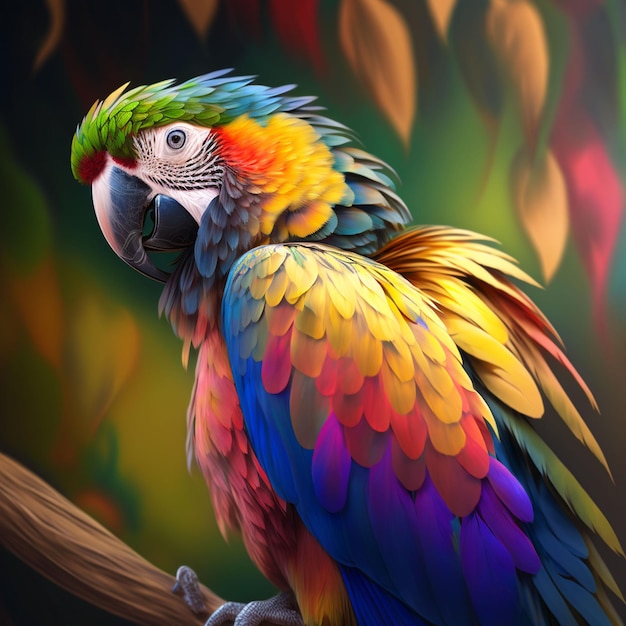 A colorful parrot is sitting on a branch with a colorful background.