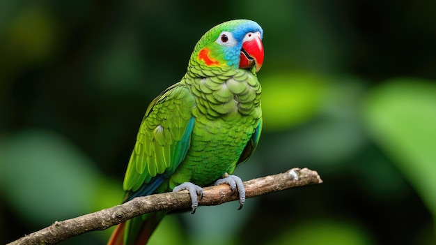 a colorful parrot is sitting on a branch with a red and green tail