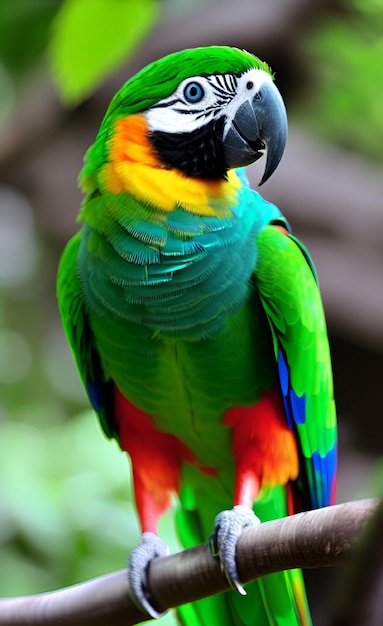 A colorful parrot is sitting on a branch.