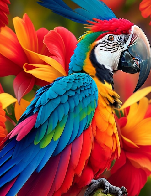 A colorful parrot is sitting in a flower garden.