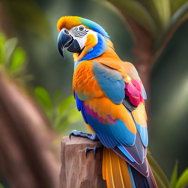 A colorful parrot is sitting on a log with green leaves behind it