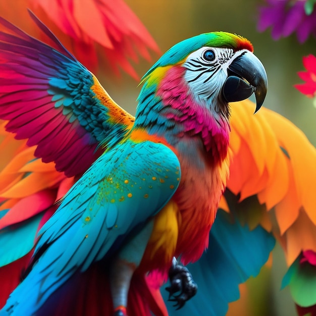 A colorful parrot is standing on a branch with a colorful feathers background.