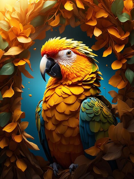 Photo a colorful parrot is standing on a branch with flowers and leaves