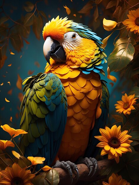 Photo a colorful parrot is standing on a branch with flowers and leaves