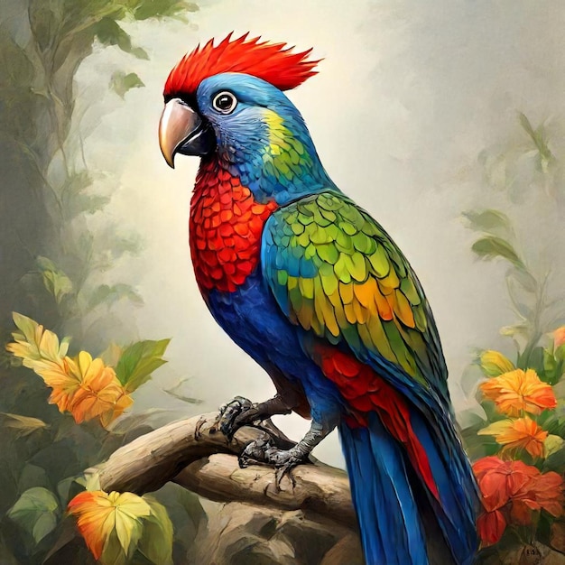 a colorful parrot is standing on a branch with leaves and flowers