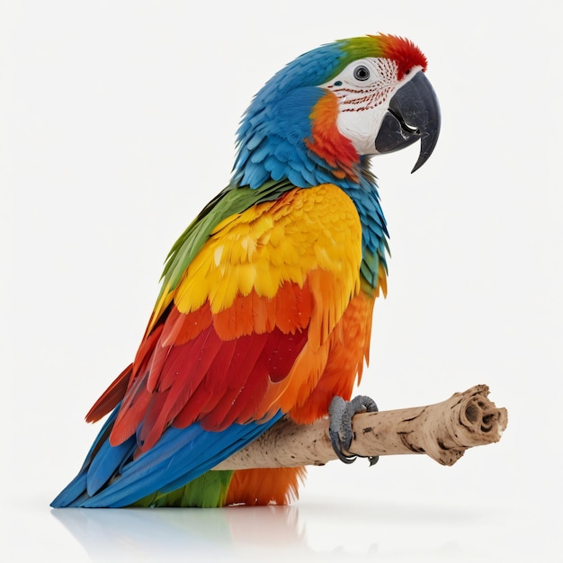 A colorful parrot is standing on a branch with a white background