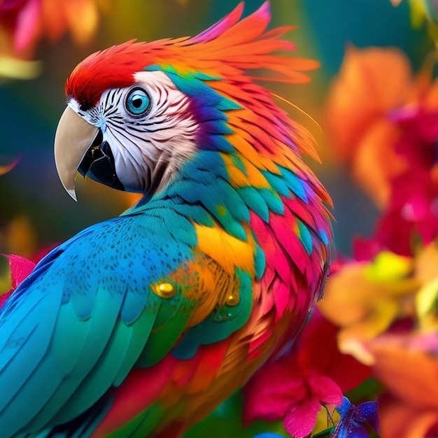 A colorful parrot is standing in a bunch of flowers.