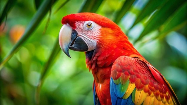 a colorful parrot is standing in a palm tree