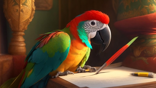 a colorful parrot is standing on a table next to a book