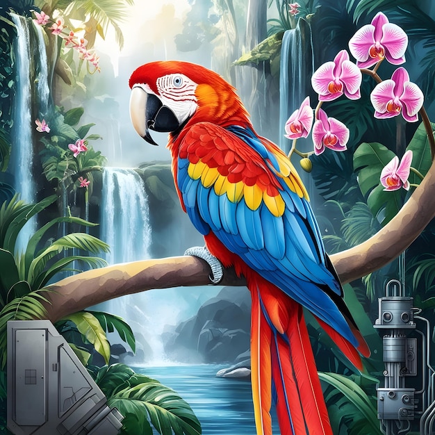 a colorful parrot is standing on a tree branch with a water fountain in the background