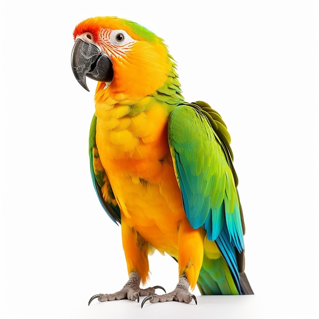 a colorful parrot is standing on a white background