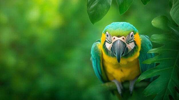 Photo colorful parrot perched on a branch in a lush green forest