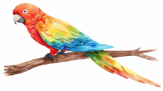 Colorful parrot perched on a branch vibrant watercolor illustration on white background