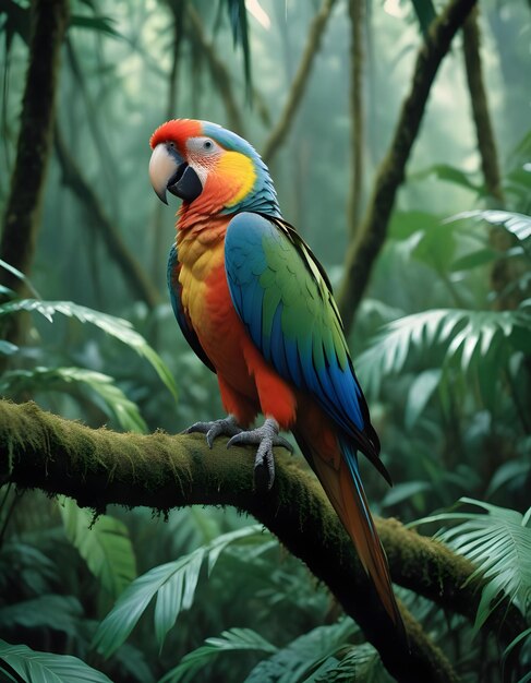 Photo colorful parrot perched on a branch with lush leaves