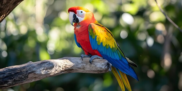 Colorful parrot perched on tropical branch