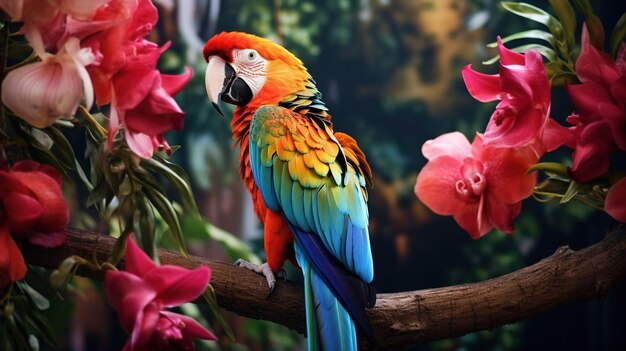 A colorful parrot perched on a tropical tree branch surrounded by lush foliage and exotic flowers