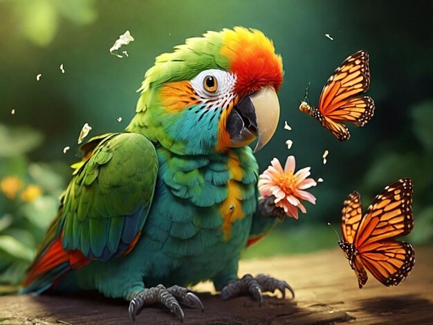 colorful parrot plays with butterfly