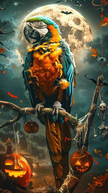 Photo colorful parrot posing on branch decorated for halloween night