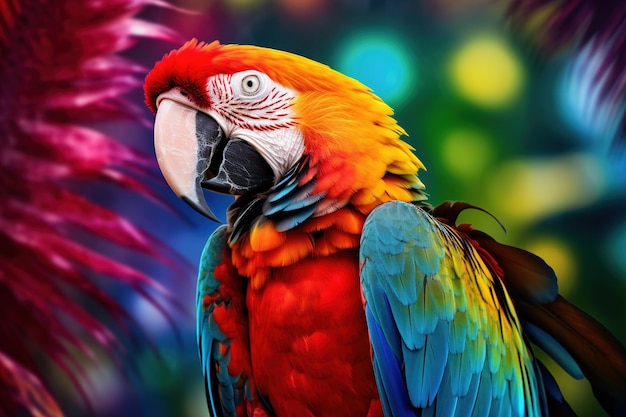 Colorful parrot posing on a tropical branch with vibrant feathers