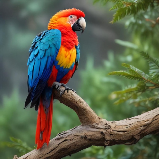 a colorful parrot sits on a branch in a tree