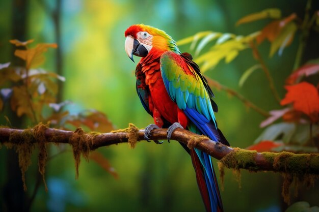 a colorful parrot sits on a branch with the background of the trees