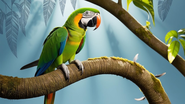 Photo a colorful parrot sits on a branch with a blue background with a picture of a parrot on it