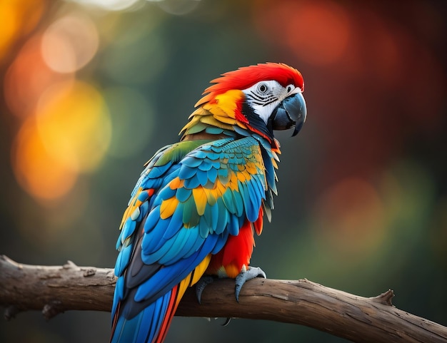 A colorful parrot sits on a branch with a blurred background.