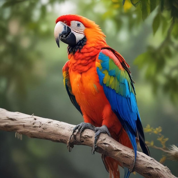 a colorful parrot sits on a branch with a blurry background