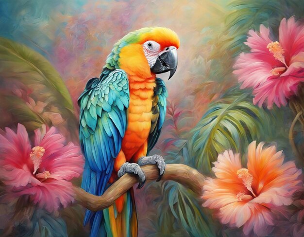 Photo colorful parrot sits on a branch with flowers hd painting