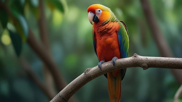 a colorful parrot sits on a branch with a green background