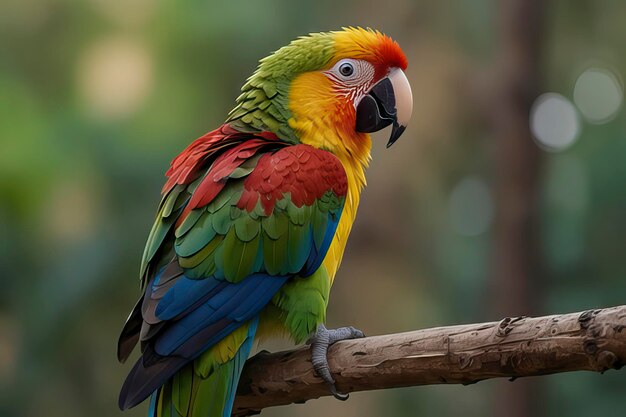 a colorful parrot sits on a branch with a green background