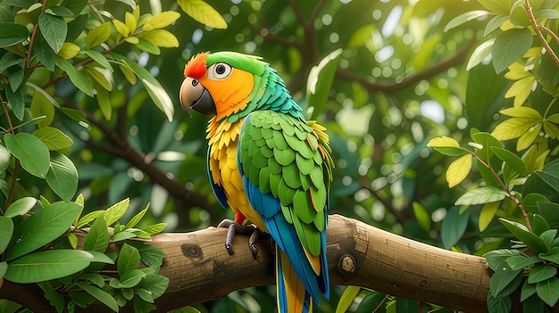 a colorful parrot sits on a branch with leaves