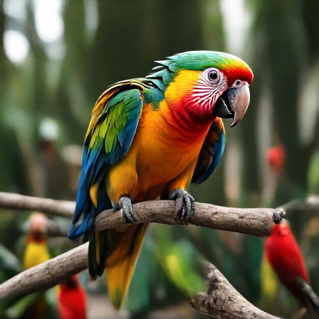 a colorful parrot sits on a branch with other birds in the background