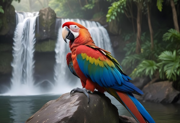 a colorful parrot sits on a rock in front of a waterfall