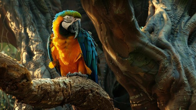 Photo a colorful parrot sits on a tree branch and looks at the camera