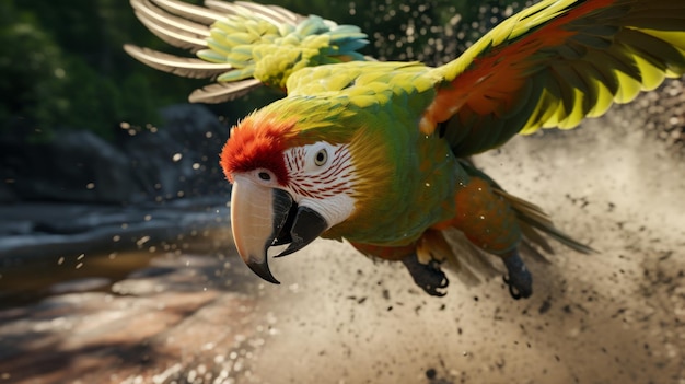 Photo colorful parrot soaring over unreal engine rendered waterfall