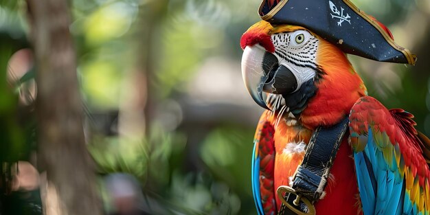 Photo a colorful parrot wearing a pirate outfit ready to set sail concept outdoor photoshoot colorful props imaginative portraits pirate costume animal photography