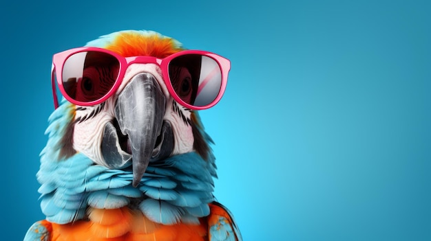 Colorful Parrot Wearing Sunglasses On Blue Background Retro Glamor Style