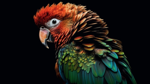 A colorful parrot with a black background