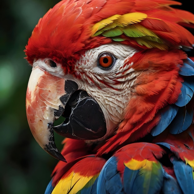 a colorful parrot with a black beak and red and yellow feathers